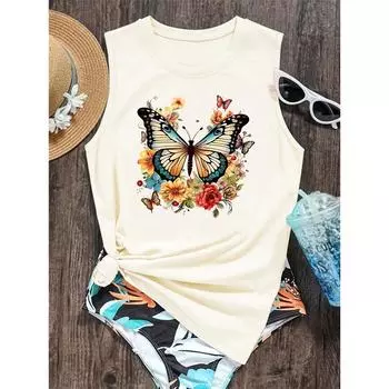Жилет с принтом бабочек, весенне-летняя безрукавная повседневная футболка с круглым вырезом, женская одежда S