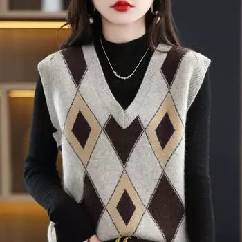 Жилет с ромбами, женский вязаный осенне-зимний внешний жилет, дизайнерский жилет с нишей, ретро-свитер с V-образным вырезом One size верблюд