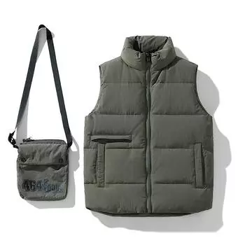 Жилет с сумкой на плечо для тепла и утолщения. Повседневный жилет с воротником-стойкой из белого утиного пуха. Куртка для верхней одежды. M чёрный