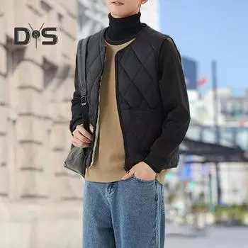 Жилет с V-образным вырезом, без рукавов, застежка-молния, жилет, пальто с карманами, однотонный ромбовидный жилет с бархатной подкладкой, куртка M чёрный