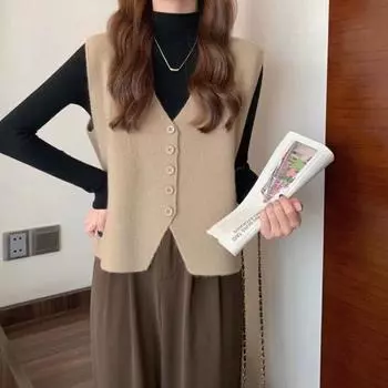 Жилет с V-образным вырезом для женщин на весну и осень, свободный крой, с бретелями, майка без рукавов, вязаный кардиган S