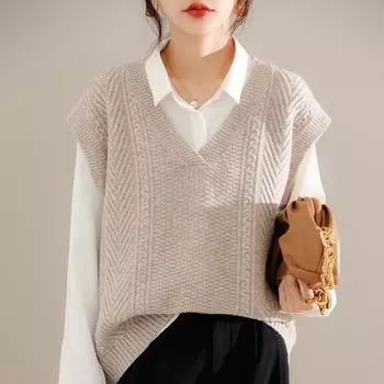 Жилет с v-образным вырезом на осень-зиму, жилет с ленивым плечом, ниспадающий свитер с винтажным вязаным жилетом Fried Dough Twists one size абрикосовый