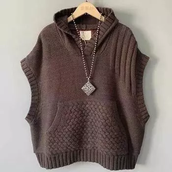 Жилет, широкий, с переплетенными нитками, с капюшоном, вязаный жилет, женский, осень-зима, корейский, повседневный, большие карманы XXXXXL чёрный