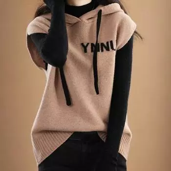 Жилет-свитер с монограммой, повседневный топ с капюшоном на завязках для осени и зимы, женская одежда больших размеров One Size чёрный