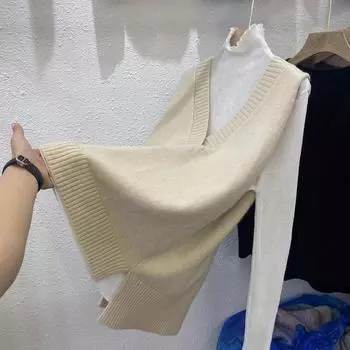 Жилет свитер с V-образным вырезом, женский корейский вариант, вязаный свитер без рукавов, простой свободный жилет в стиле вестерн для колледжа one size чёрный