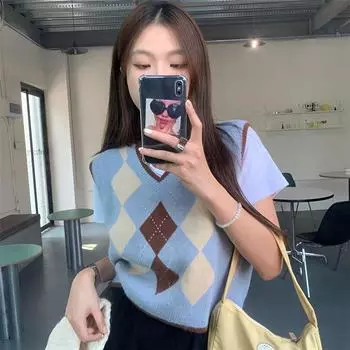 Жилет, свитер, весенне-осенний вязаный жилет для колледжа, женская корейская верхняя одежда, складной жилет без рукавов в форме сердца, женский жилет One Size синий