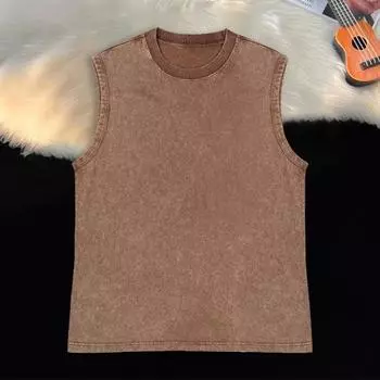 Жилет унисекс в стиле ретро, свободная футболка без рукавов с круглым вырезом, однотонные, потертые, потертые майки, мужские и женские жилеты, уличная одежда S чёрный