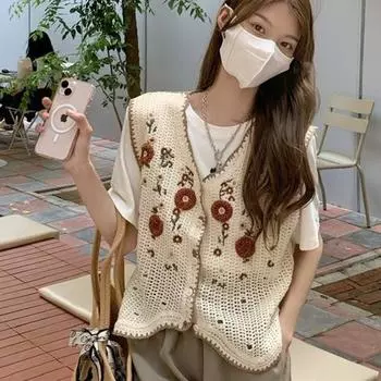 Жилет в этническом стиле с вышивкой, V-образным вырезом, без рукавов, короткий женский кардиган с вышивкой и вязаный свитер S