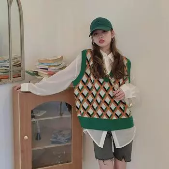 Жилет в клетку с бриллиантами, женский вязаный свитер, пуловер, осень 2023, новый свободный короткий свитер без рукавов, пуловер с v-образным вырезом, женский топ