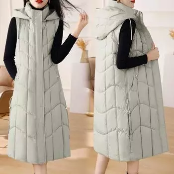 Жилет в клетку с капюшоном в ромбовидную клетку Жилет средней длины Осеннее и зимнее пальто L чёрный