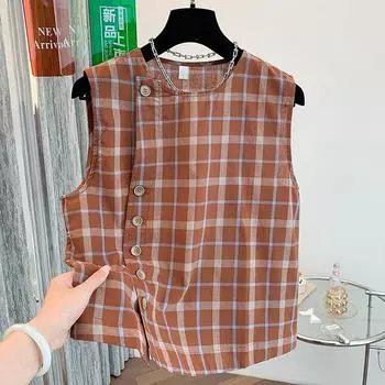 Жилет в клетку в стиле ретро для женщин 2025 года, летняя новая иностранная стильная уникальная шикарная свободная и тонкая рубашка без рукавов с круглым вырезом M