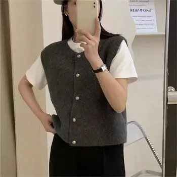Жилет в японском стиле, однотонный, с круглым вырезом, универсальный, верхняя одежда на весну и осень, мягкий однобортный трикотажный жилет для женщин S хаки