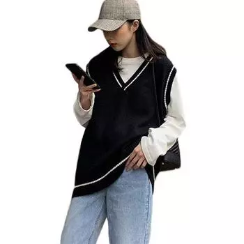 Жилет в стиле пэчворк, студенческий женский вязаный свитер без рукавов с v-образным вырезом, винтажный S чёрный