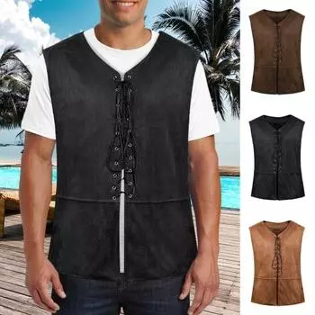 Жилет в стиле панк, готический, ренессансный, со шнуровкой, ретро-жилет, V-образный вырез, без рукавов, однотонный, для ролевых игр на Хэллоуин S темно-коричневого