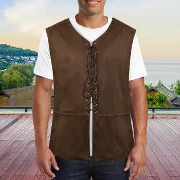 Жилет в стиле панк, готический, ренессансный, со шнуровкой, ретро-жилет, V-образный вырез, без рукавов, однотонный, для ролевых игр на Хэллоуин S темно-коричневого