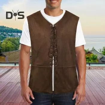Жилет в стиле панк, готический, ренессансный, со шнуровкой, ретро-жилет, V-образный вырез, без рукавов, однотонный, для ролевых игр на Хэллоуин S светло-коричневого