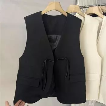 Жилет в стиле ретро с бахромой и V-образным вырезом в этническом стиле для женщин весны и осени. M чёрный