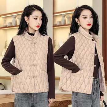 Жилет в стиле ретро с пряжкой-диском, хлопковая одежда, женская зимняя новая литературная и теплая универсальная жилетка-куртка M чёрный