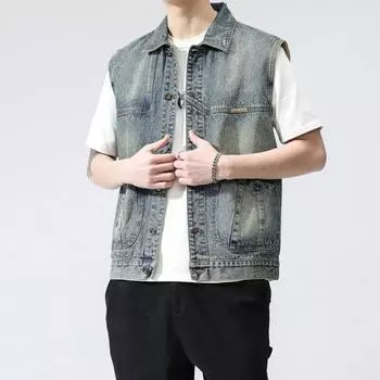 Жилет в стиле ретро в Гонконге, мужская весенняя новинка в корейском стиле, повседневная, красивая, универсальная, безрукавная джинсовая куртка M