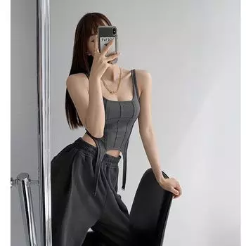 Жилет в стиле сафари с нитью «рыбий кость», рубашка нестандартной формы на крючке для женщин, сексуальные топы без рукавов с квадратным вырезом S абрикосовый