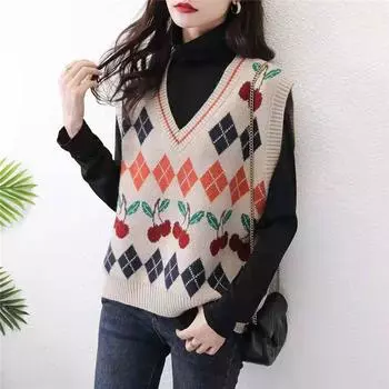Жилет вишневый свитер, пуловер женский, новинка 2023 года, вязаный женский свитер с v-образным вырезом, свободный весенний стиль, свитер без рукавов, женский жилет