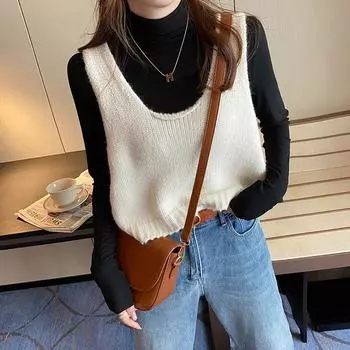 Жилет вязаная рубашка майка женская новая свободная повседневная верхняя одежда свитер без рукавов женский M белый