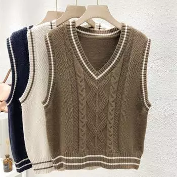 Жилет вязаный в стиле British Academy, женский, осень и зима, новый, свободный, с V-образным вырезом, многослойный, в стиле вестерн, с застежкой-молнией One Size бежевый
