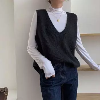 Жилет вязаный в стиле ретро с большим V-образным вырезом для женщин на весну, универсальный свободный и утягивающий жилет one size чёрный
