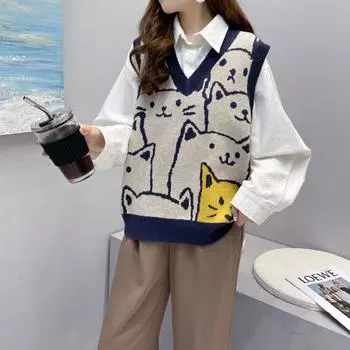 Жилет женская одежда Kawaii мультфильм свитер с v-образным вырезом винтажный вязаный без рукавов укороченный топ без рукавов джемпер One size синий