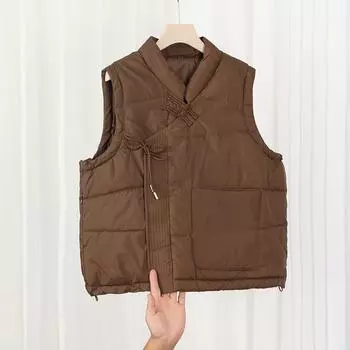 Жилет женский хлопковый с пряжкой-диском в китайском стиле, осенне-зимний, большого размера, утолщенный, асимметричный, с большим карманом, верхняя одежда M чёрный