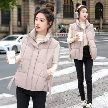 Жилет женский из хлопка-пуха 2024 года, зима, новая корейская версия, свободный и легкий, воротник-стойка, дизайн, стример, терможилет M чёрный