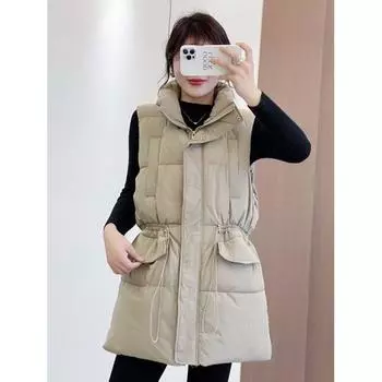 Жилет женский из хлопка с пухом, слегка толстой сестрой, большого размера, средней длины и шнуровки, тонкий, свободный, осенне-зимний, с воротником-стойкой M [Recommended 85-52.5 kg] хаки