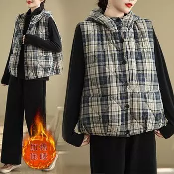 Жилет женский клетчатый с капюшоном из хлопка 2024 года, новый простой свободный и тонкий жилет M