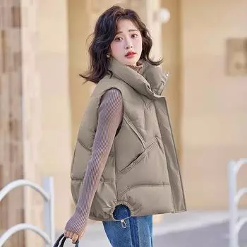 Жилет женский короткий из хлопка, модный свободный, теплый жилет, осень и зима, новый, большой размер, жир, мм, без рукавов, плечо, зажим для лошади M темно-коричневого