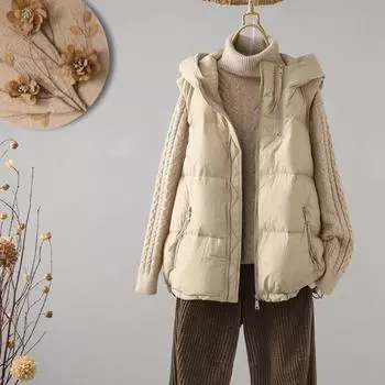 Жилет женский короткий пуховик 2024 осень и зима новый утепленный жилет с капюшоном жилет жилет жилет модный теплый тренд верхней одежды One Size чёрный