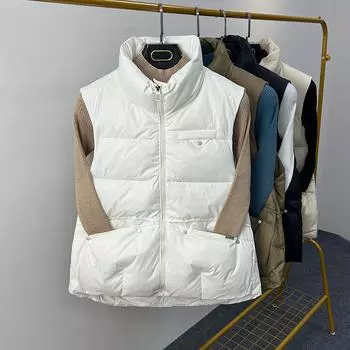 Жилет женский короткий пуховик 2024 весна и осень новая корейская версия европейский белый утиный пух с заклепками воротник стойка жилет S белый