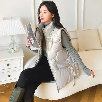 Жилет женский осенне-зимний новый свободный и универсальный и тонкий пуховый хлопковый жилет модный блестящий жилет для верхней одежды M светло-зеленый