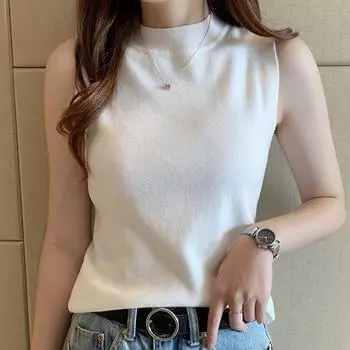 Жилет женский, полуводолазка, свитер без рукавов, вязаный топ, подтяжки One Size белый