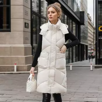 жилет женский прилив зима новый средний и длинный жилет с капюшоном хлопковый жилет жилет куртка толстый L хаки