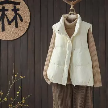 Жилет женский пуховый 2024 литературный свободный воротник-стойка однотонный белый утиный пух без рукавов короткий M чёрный