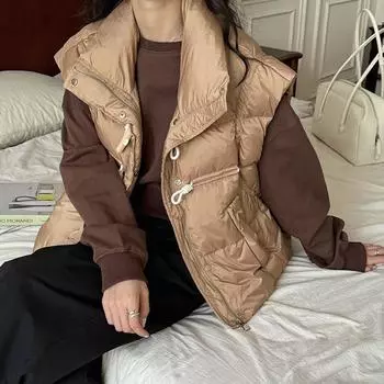 Жилет женский пуховый 2024 осень-зима мода воротник-стойка дизайн чувство деревянный рог пряжка легкий жилет летящий рукав жилет прилив One size