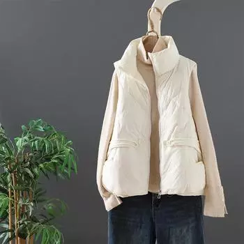 Жилет женский пуховый 2024 осень-зима новый корейский вариант короткий воротник-стойка маленький белый жилет на утином пуху куртка прилив One Size чёрный