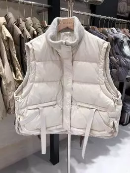 Жилет женский пуховый 2024 осень-зима новый свободный и тонкий белый утиный пух трикотажный жилет с воротником-стойкой куртка S recommends within 62.5 kg