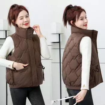 Жилет женский пуховый хлопковый 2024 осень-зима новый корейский вариант воротник-стойка модный свободный теплый утолщенный жилет куртка M чёрный