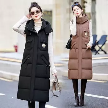 Жилет женский пуховый хлопковый длинный выше колена осенне-зимний новый корейский вариант с капюшоном внешний жилет универсальный тонкий пиджак M чёрный