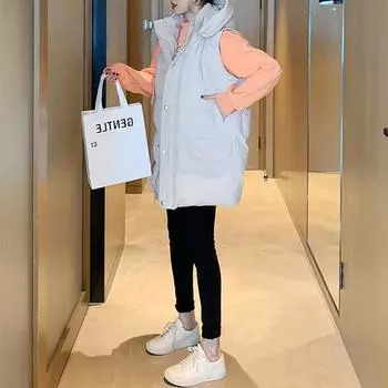 Жилет женский пуховый хлопковый осень и зима 2024 новый средний и длинный универсальный жилет с капюшоном верхняя одежда жилет хлопковый жилет M чёрный