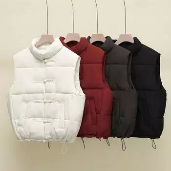 Жилет женский пуховый хлопковый в этническом стиле, осенне-зимний, новый, с пряжкой-диском, воротником-стойкой, легкая и теплая куртка с открытыми плечами M чёрный