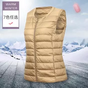 Жилет женский пуховый осенне-зимний, новый, круглый вырез, застежка-молния, упитанный, большого размера, белый утиный пух, легкий, короткий жилет S хаки