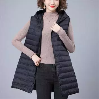 Жилет женский пуховый средней и длинной длины с капюшоном 2024 года, новый свободный бесшовный резиновый жилет, жилет пуховый M хаки