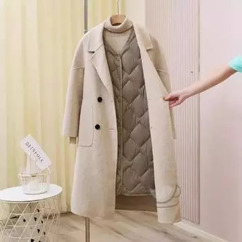 Жилет женский пуховый жилет, новый легкий и средней длины с V-образным вырезом, повседневное пальто из белого утиного пуха на осень и зиму с легким жилетом L грязно-белый